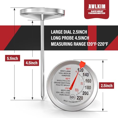 2 Pack Stainless Steel Meat Thermometer, Safe Leave in Oven, 2.5-in Extra-Large Dial Food Thermometer for Cooking, Temperature Probe for Baking, Steak, Turkey - Kitchen Gadgets - Silver