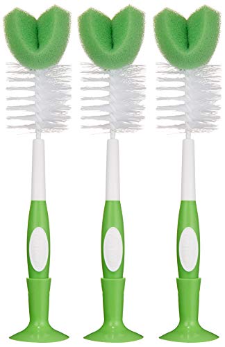 Brand - Mama Bear Baby Bottle Brush with Nipple Cleaner and Suction Cup Stand, White (Pack of 3)