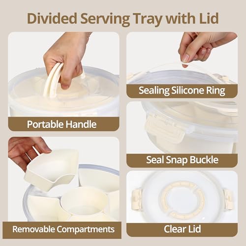 2 Packs Divided Serving Tray with Lid and Handle, Portable Round Snackle Box Container with 6 Compartments, Snack Bento Box for Party, Picnic, Travel, Beige