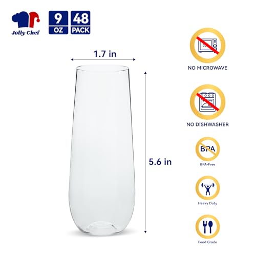 JOLLY CHEF 48 Pack Stemless Plastic Champagne Flutes 9 oz, Crystal Clear Stemless Plastic Toasting Glasses, Clear Disposable Unbreakable Drinkware Ideal for Wedding, Birthday, Party, Thanksgiving