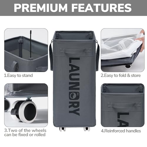 Goodpick Laundry Basket with Wheels, Laundry Hamper with Removable Wash Bag, Clothes Hamper, Rolling Laundry Basket, Dorm Room Essentials, 75L, Grey