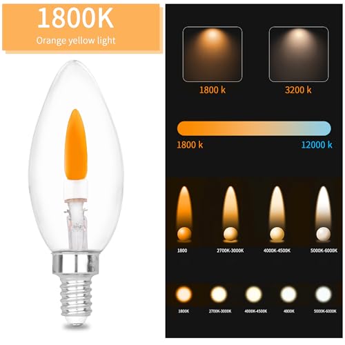 HEWA-Tech E12 Base (Miniature Screw) C35 Flame Tip Flicker Bulbs - Crystal Clear Candle Light with Orange Glow Effect for Halloween, E12 Non-Dimmable