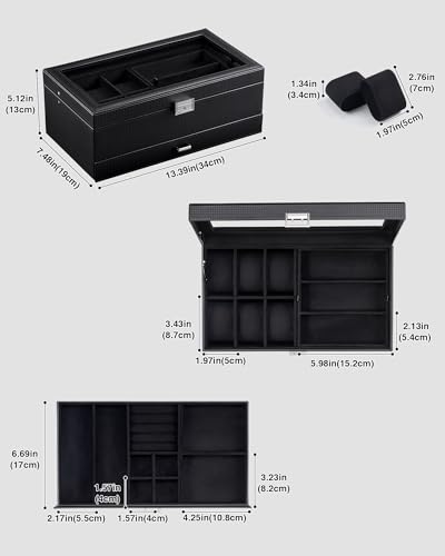 ProCase Mens Jewelry Box, Lockable 6 Slot Watch Case & 3 Slot Sunglasses Organizer, 2-layer Mens Jewelry Organizer Watch Box for Men, Watches Holder Display Storage, Fathers Day Gift -AllBlack