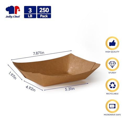 JOLLY CHEF 3lb Paper Food Trays,250 Pack Disposable Boat, Extra Large Food Serving Holder Tray for Gameday,Party, Nachos, Hot Dogs, Taco, French Fries