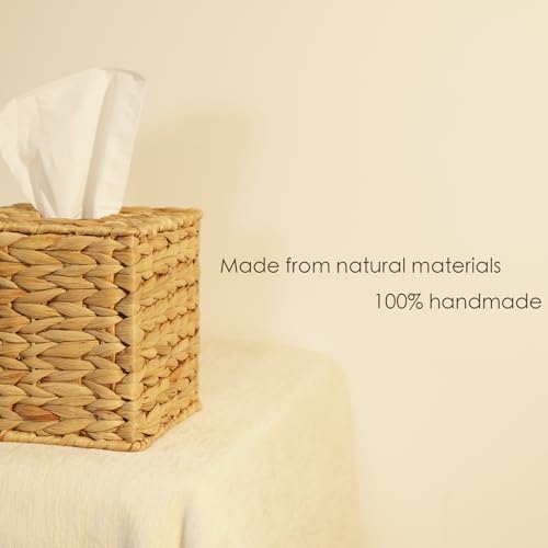 PINXIURY Water Hyacinth Handwoven Tissue Box Cover, Natural Handmade Wicker Napkin Box Holder, Handcrafted Square Facial Tissue, Rustic Decorative on Table and Bathroom, Office, Boho Decorative