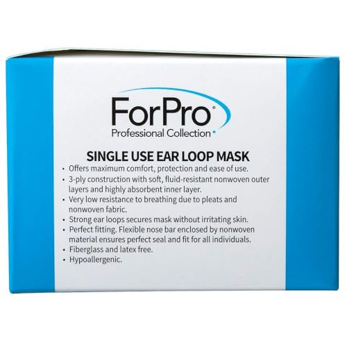 ForPro Professional Collection Single Use Ear Loop Mask, 3-Ply Disposable Non-Woven Face Mask, Latex-Free, Fiberglass-Free, Protects Against Pollen, Dust, 50-Count
