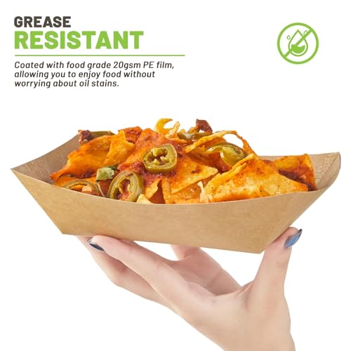 ZORRITA 3 Lb Paper Food Trays - 50 Pack Disposable Nacho Trays, Kraft Paper Food Boats Taco Holders Party Serving Baskets for Hot Dogs Snacks Tacos Fries
