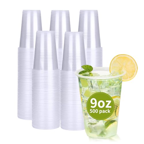 RACETOP 500 Pack 9 oz Plastic Cups, Clear Disposable Plastic Cups Bulk, Cold Drinking Party Cup, Transparent for Wedding, Thanksgiving, Christmas, Party