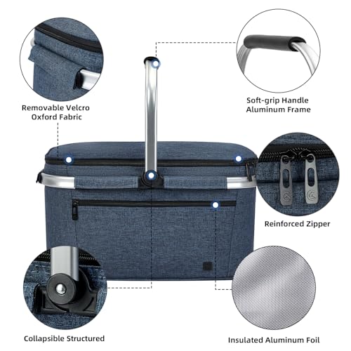 ALLCAMP Picnic Basket - 2 Ice Box Included 32L Insulated Cooler, Thickening Foldable Picnic Basket with Removable Baskets & Sewn-in Frame, Basket for House Warming Gifts New Home(Blue)