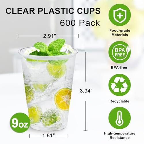 SIUQ 600 Pack 9 oz Plastic Cups, Clear Disposable Cups, Hot/Cold Party Drinking Cups, PP Clear Plastic Cups Bulk for Party, Picnic, BBQ, Wedding, Travel