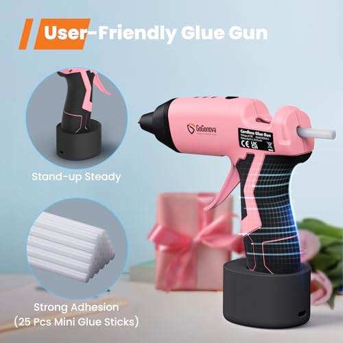 GoGonova Cordless Glue Gun, 15s Fast Preheating 2Ah Cordless Hot Glue Gun with 25 Pcs Premium Mini Glue Gun Sticks, USB-C Battery Rechargeable Hot Glue Gun, Smart Power-Off, Pink