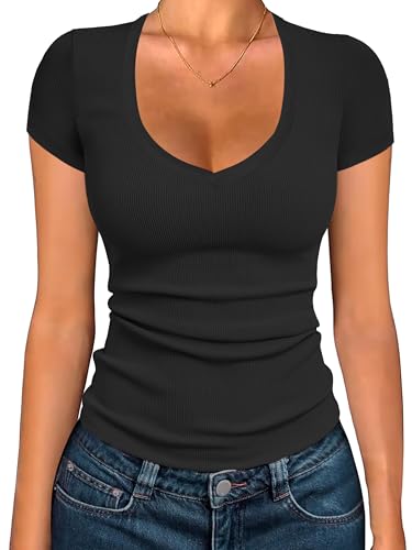 Albe Rita Women Short Sleeve T-Shirt Cap V Neck Shirts for Women Ribbed Casual Top Knit Slim Fit for Summer