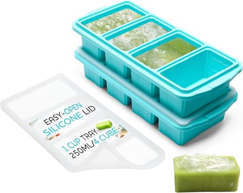 Silicone Freezer Tray With Lid - Soup Freezer Container molds - Large Ice Cube Tray- makes 8 perfect 1 cup portions cubes, 2-Pack Freezer Storage Food Soups & Meal Prep - Oven & Dishwasher -Safe