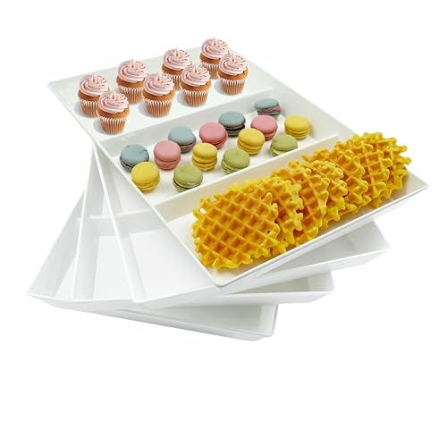 Divided Serving Tray Platter, 4 Pack 15" x 10" Fruit Veggie Food Tray for Party, Plastic Serving Trays for Appetizer, Snack, Dessert, Cookie, Brunch Decorations Platters, White Trays BPA-Free