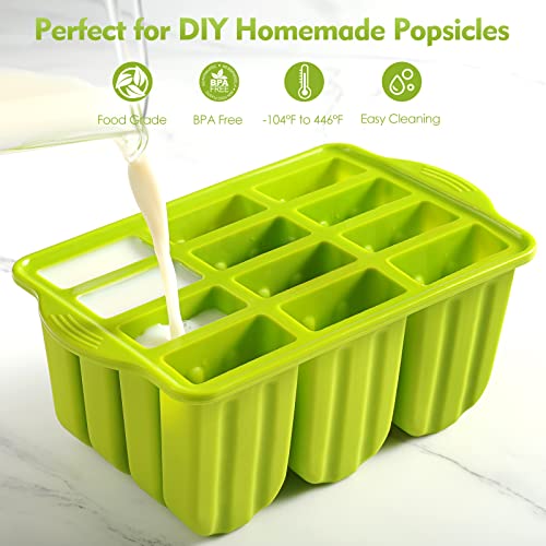 Popsicle Molds Silicone BPA-free,12 Pieces Popsicle Trays for Freezer,Homemade Ice Cream Popsicle Molds,Large Ice Pop Maker Set,Moldes Para Paletas,Ice Lolly Moulds with 100PCS Popsicle Sticks(Green)
