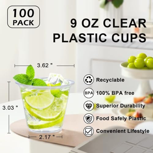 Lamosi 100 Pack 9 oz Clear Plastic Cups, Disposable Cups Wine Cocktail Punch, Sturdy & Food Safe Plastic Cup for Party & Wedding