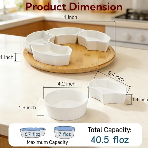 SOUJOY 11'' Lazy Susan Serving Tray, Porcelain 360° Rotatable Serving Tray and Platters, Removable Divided Serving Dishes, Party Relish Bowl for Chip, Dip, Veggies, Candy and Snack, Cheese, 7 Pieces