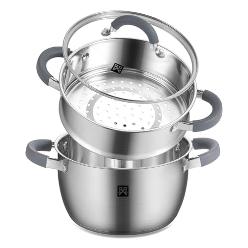 GOLDEN KEY 3.2 QT Steamer Pot With Lid - 2-Tier 18/8 Stainless Steel,Multipurpose Steaming Cookware with Vegetable Steam Basket, Oven & Dishwasher Safe, Triple Bottom for Even Heating, Perfect for Dumplings, Seafood and Vegetables