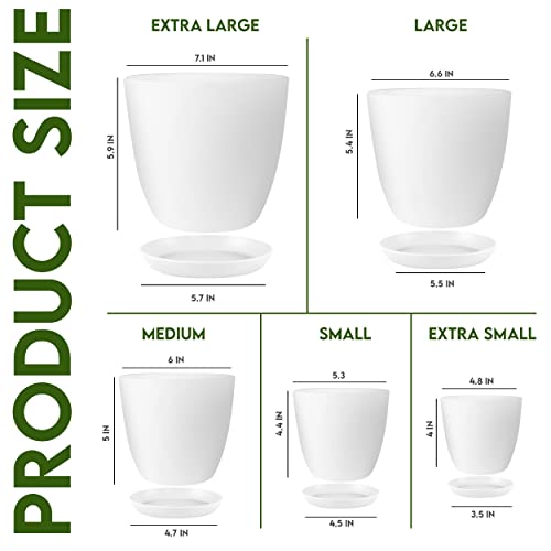 Utopia Home Plant Pots Indoor with Drainage Holes – Set of 5 White Plastic Flower Pots (7/6.6/6/5.3/4.8 Inch) – Modern Planters for Indoor Plants, Room & Office Décor, Great Stocking Stuffers