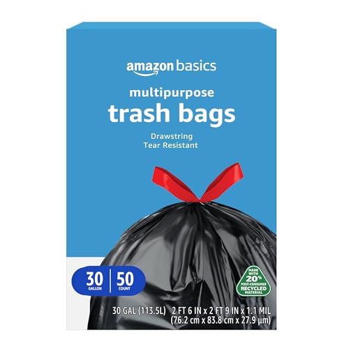 Basics 30 Gallon Multipurpose Drawstring Trash Bags, 20% Post Consumer Recycled, Black with Red Drawstring, 50 Count