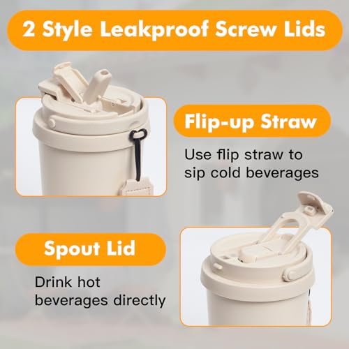 2 Pack 17oz Insulated Coffee Mug, Leakproof Travel Coffee Tumblers With Strap, Vacuum-Insulated Stainless Steel Reusable Coffee Cup for Hot & Cold Drinks