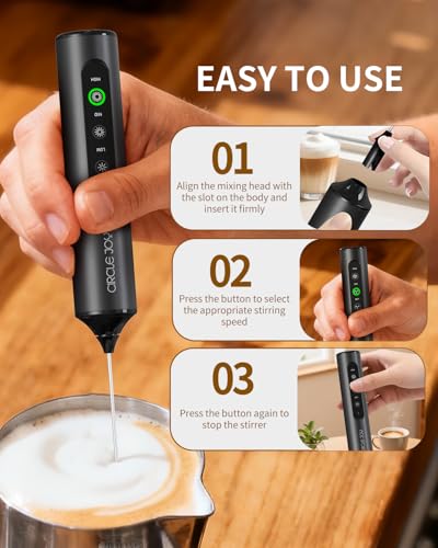 CIRCLE JOY Rechargeable Handheld Milk Frother Wand with Stand, 3 Variable Speeds, 3 Whisks and Storage Box, Electric Drink Mixer for Latte, Cappuccino, Hot Chocolate, Eggs and Protein Powder, Black