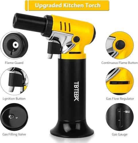 TBTeek Butane Torch with Fuel Gauge T907, One-hand Operation Kitchen Torch Lighter with Adjustable Flame for BBQ, Baking, Brulee Creme, Crafts and Soldering(Butane Gas Not Included)