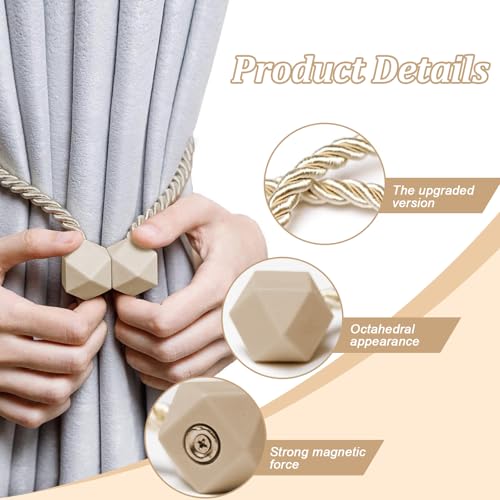 4Pack-Magnetic Curtain Tie Backs - Reinforced Thick Twist Rope with Strong Neodymium Magnets - Decorative Handmade Drapery Holders for Windows