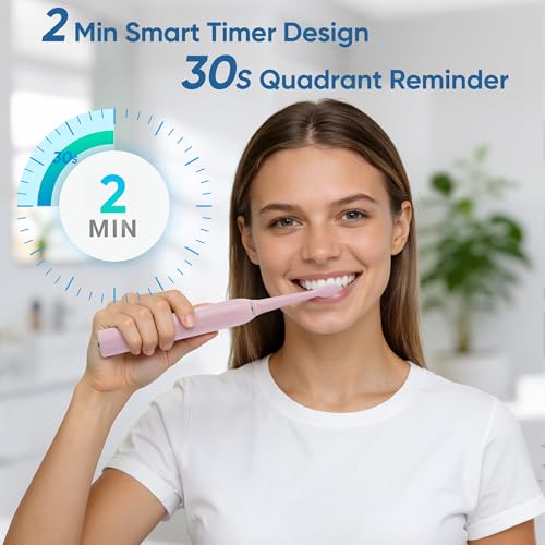 Sonic Electric Toothbrush for Adults & Kids - 5 High-Performance Modes, 8 Replacement Heads, 2.5-Hour Fast Charge, Built-in Smart 2-Minute Timer, IPX7 Waterproof, 35 Day Battery Life - Pink
