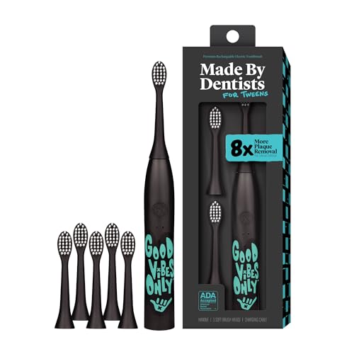 Made by Dentists Sonic X Electric Toothbrush – Rechargeable Kids Sonic Toothbrush, 8X Plaque Removal, 2 Speed Modes, 2-Minute Timer 6 Brush Heads Included, Tweens Ages 7+, Good Vibes Only Edition