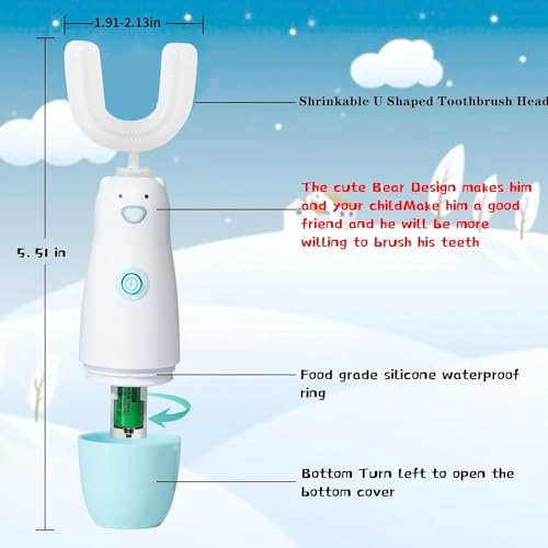 Meqtpomy Kids Electric Toothbrush,Toddler Toothbrush Waterproof Battery Powered 360 Automatic Sonic u Shaped Toothbrushes for 2-7 Years Old for Boys Girls,with 2 Replacement Brush Heads(Blue)