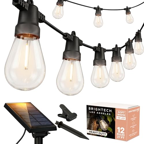 Brightech Ambience Pro Solar Powered Outdoor String Lights -27 ft Commercial Grade Waterproof Edison Patio Lights, Shatterproof LED String Lights for