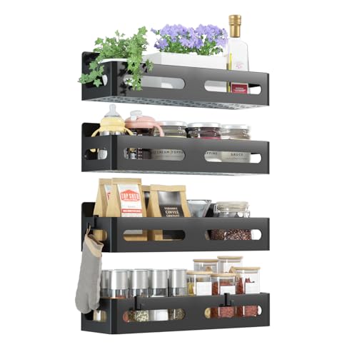 4-Pack Magnetic Spice Rack for Refrigerator with Hooks, Black