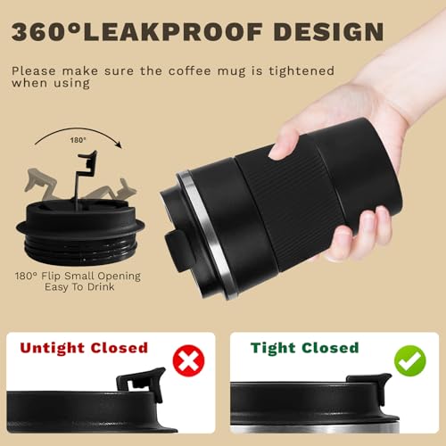 Vacuum-Insulated Stainless Steel Travel Coffee Mug, Leak-Proof Reusable Coffee Cup with Lid - Keep Hot & Cold Drinks for Hours, Durable Insulated Tumbler for Men & Women(3rd-Black, 12OZ)