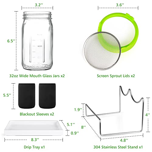 Kitmiido Seed Sprouting Kit, 2 Large Wide Mouth Mason Jars with Sprout Lids, Blackout Sleeves, Drain Tray, Stainless Steel Stand, Sprouts Growing Kit for Bean, Broccoli, Alfalfa (Yellow+Green)