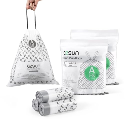 Cesun Code A Drawstring Trash Bags 90 Count, Pre Cut 1.6 Gallon / 6 Liter Small Bathroom Trash Can Liners, White