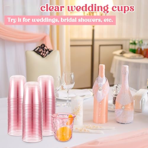 Ziliny 50 Pcs Disposable Stemless Glasses 12oz Crystal Plastic Wine Glasses Clear Classic Pet Cup for Meeting Weddings Birthdays Cocktail Christmas Party Supplies (Pink)