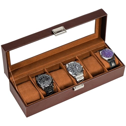ProCase Watch Box, Fathers Day Gift for Dad, 6 Slot Mens Watch Case, Watch Storage Holder Organizer, Watch Display Case with Glass Lid, Anniversary Birthday Gifts -6 Slot, Espresso