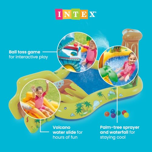 Intex Inflatable Dinosaur Play Center Outdoor Playhouse Inflatable Water Park with Kid Pool Slide, Water Sprayer, Waterfall, and 6 Balls, Multicolor