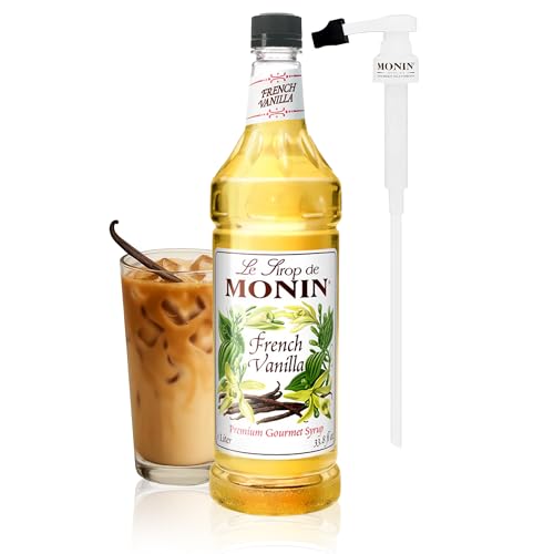Monin - French Vanilla Syrup with Monin BPA Free Pump, Boxed, Versatile Flavor, Natural Flavors, Great for Coffees, Cocktails, Shakes, and Kids Drinks, Non-GMO, Gluten-Free (1 Liter)