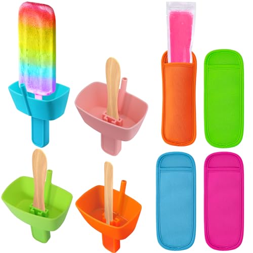 AIERSA 8pcs Popsicle Holders and Ice Pop Sleeves Set for kids No Drip, Silicone Popsicle Holder with Straw and Reusable Neopreneee Freeze Popsicle Sleeves for Toddlers Mess Free, No Freezing Hands