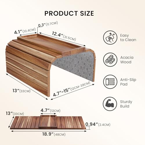 Sofa Arm Tray,Acacia Wood Folding Couch Arm Tray,Sofa Armrest Trays with Anti-Slip Pad for Drinks,Snacks,Phone,Remote Control