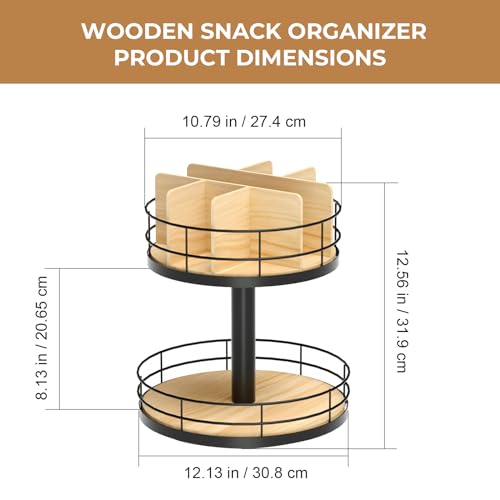 Snack Organizer - Versatile Snack Storage 2 Tier Lazy Susan with Convenient Grab-and-Go Design, Wood and Metal Snack Holder for Home, Office, Breakroom, 12.13" L x 12.13" W x 12.56" H