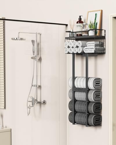 Towel Racks for Bathroom 31inch Wall Mounted Towel Rack,Floating Shelf with Wood Plank,Towel Storage for Bathroom can Holds 6 Large Rolled Towels,All Black