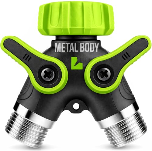 LIME 2 Way Hose Splitter Heavy Duty - Metal Y Garden Hose Splitter with Shutoff Valves, Brass Outdoor Faucet Adapter for Spigot, 3/4 Inch GHT Water Hose Connector