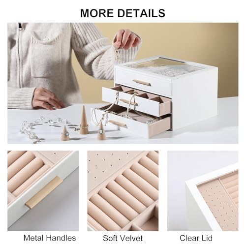 Frebeauty Clear Lid Jewelry Box,3-Layer Jewelry Organizer with Drawer,PU Leather Jewelry Organizers and Storage,Jewelry Boxes for Women,Jewelry Storage for Rings Earring Stud,Gift for Women(White)