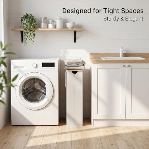 efluky Slim Laundry Basket with Lid, Narrow Laundry Hamper with Removable Bag, Skinny Dirty Clothes Basket with Bamboo Handles for Bathroom, Bedroom & Laundry Room, 75L Beige