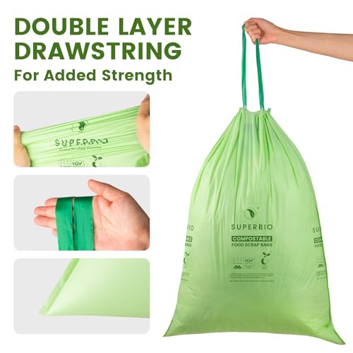 SUPERBIO 13 Gallon Compostable Drawstring Kitchen Waste Bag, 49.2 Liter, 30 Count,1 Mil, Heavy Duty Food Scrap Bags, BPI, Seedling and OK compost INDUSTRIAL
