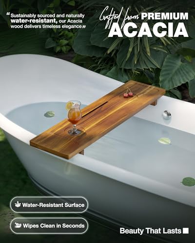 Bathtub Tray, Acacia Bath Tray for Tub, 34.6''x9'' Wooden Bathtub Caddy Tray with Adjustable Legs Fit Various Bathtubs, Anti-Tipping, Sustainable Bath Table with Wine Glass and Tablet Holder