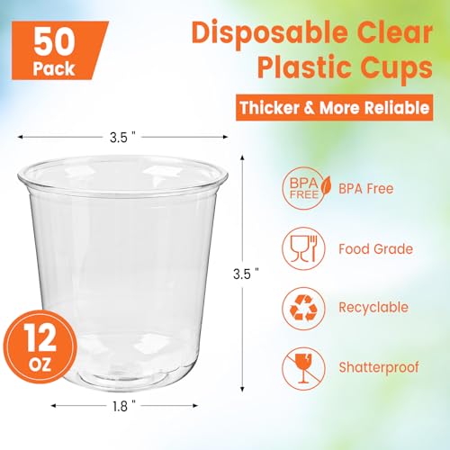 50 Pcs Round Bottom Plastic Cups 12 oz Disposable Stemless Wine Glasses Cocktail Clear Party Cups for Meeting, Wedding, Birthday, Party Supplies